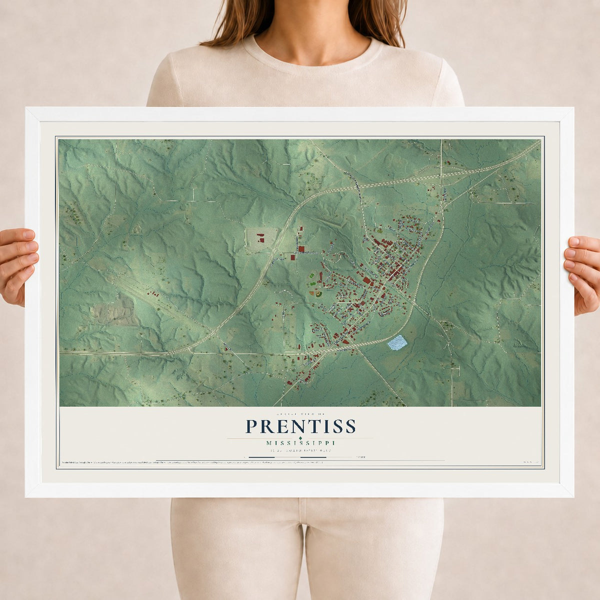 Map of Prentiss, Mississippi, 18 x 24 inch print in a white wood frame