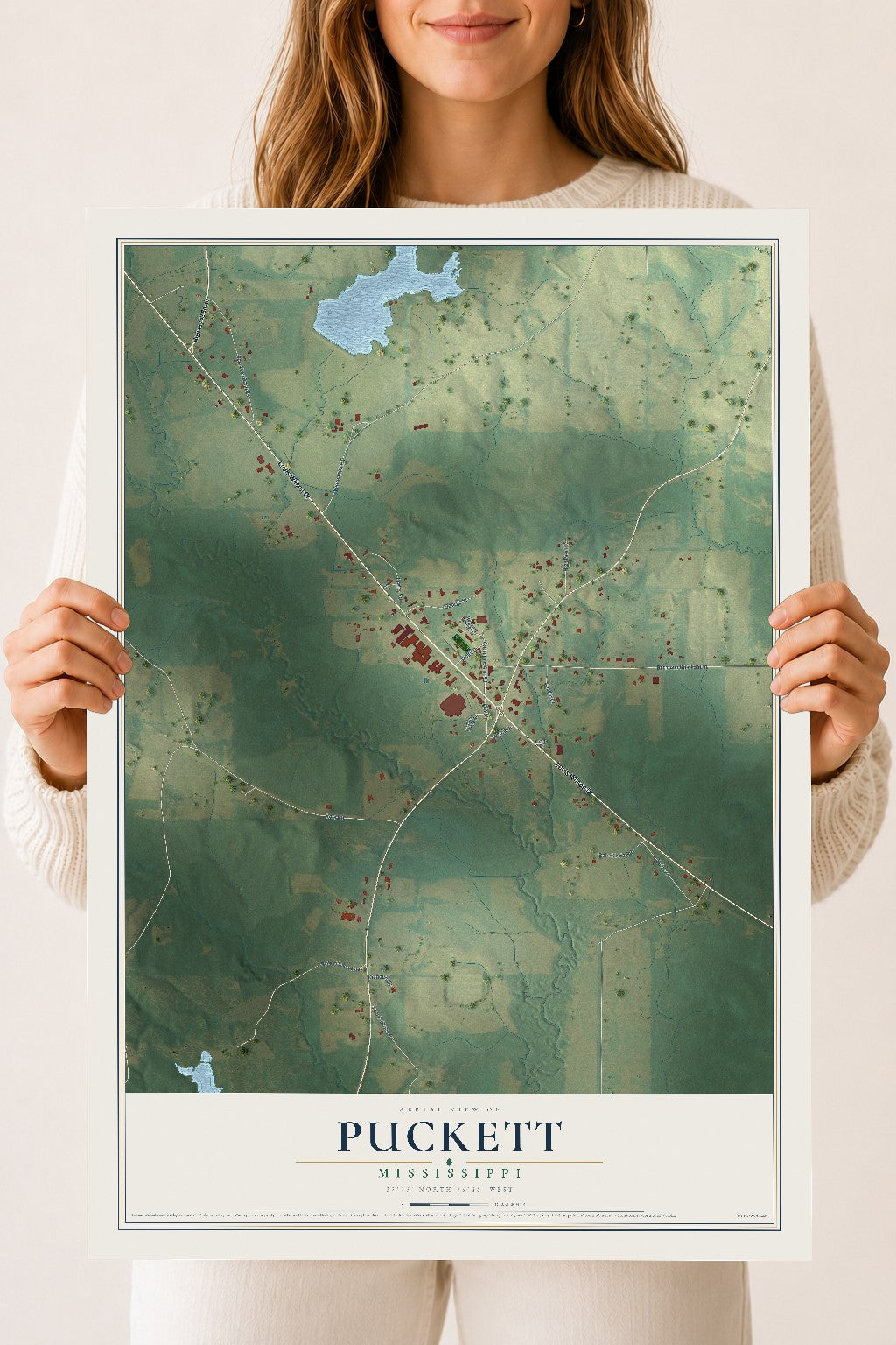 Map of Puckett, Mississippi, 18 x 24 inch unframed archival matte print