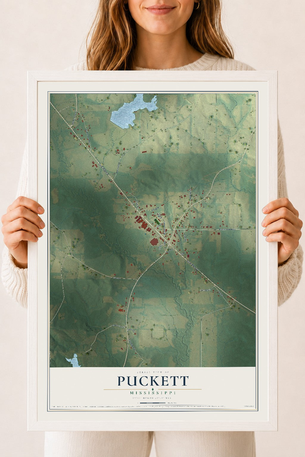 Map of Puckett, Mississippi, 18 x 24 inch print in a white wood frame