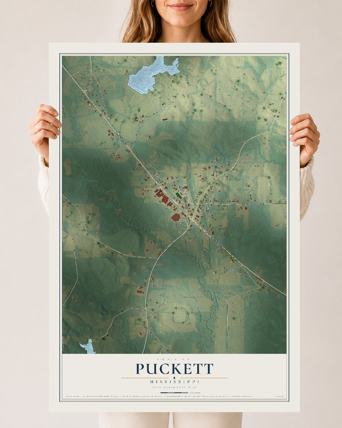 Map of Puckett, Mississippi, 24 x 36 inch unframed archival matte print