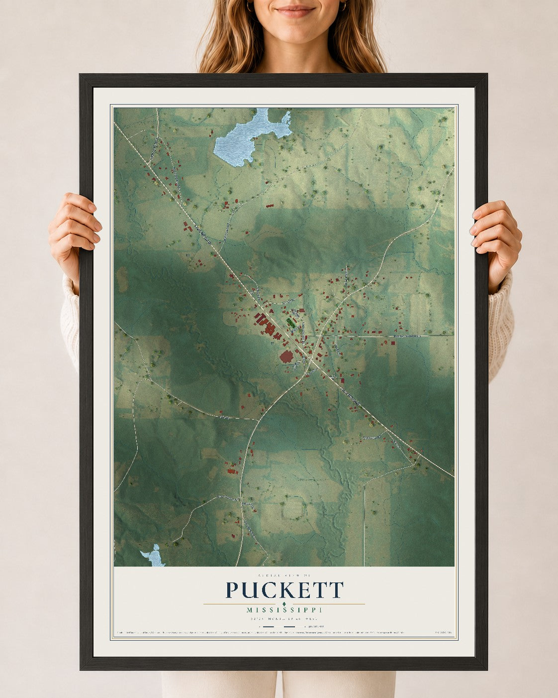 Map of Puckett, Mississippi, 24 x 36 inch print in a black wood frame