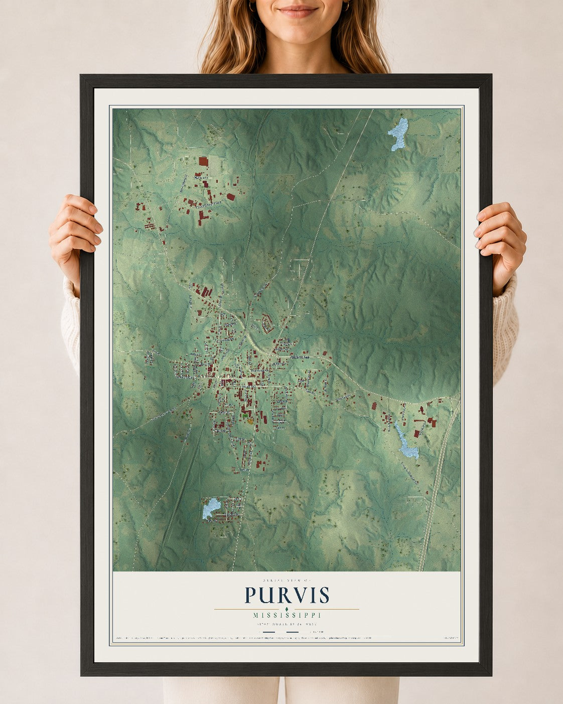 Map of Purvis, Mississippi, 24 x 36 inch print in a black wood frame
