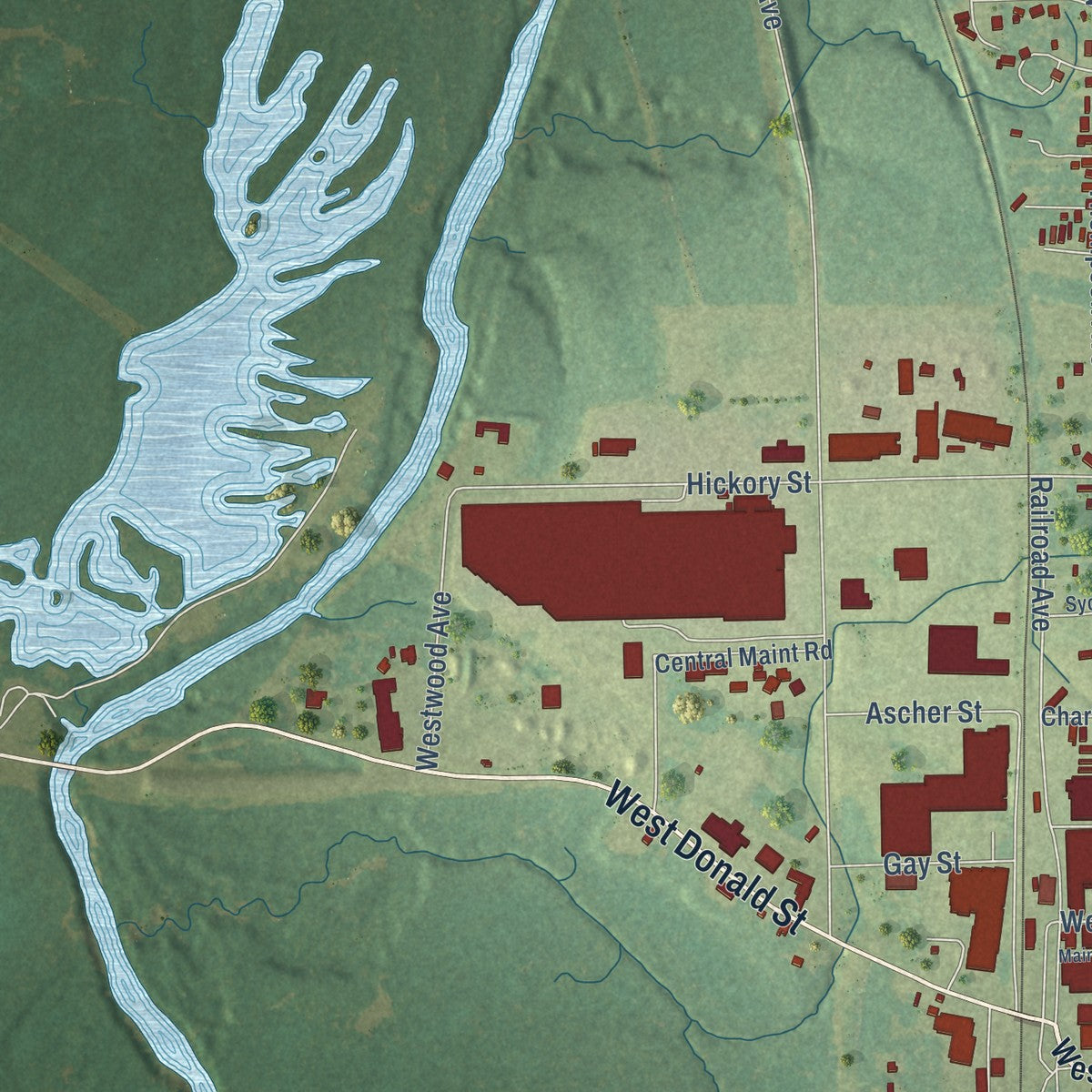 Second close-up of the map of Quitman, Mississippi print showing more streets and buildings