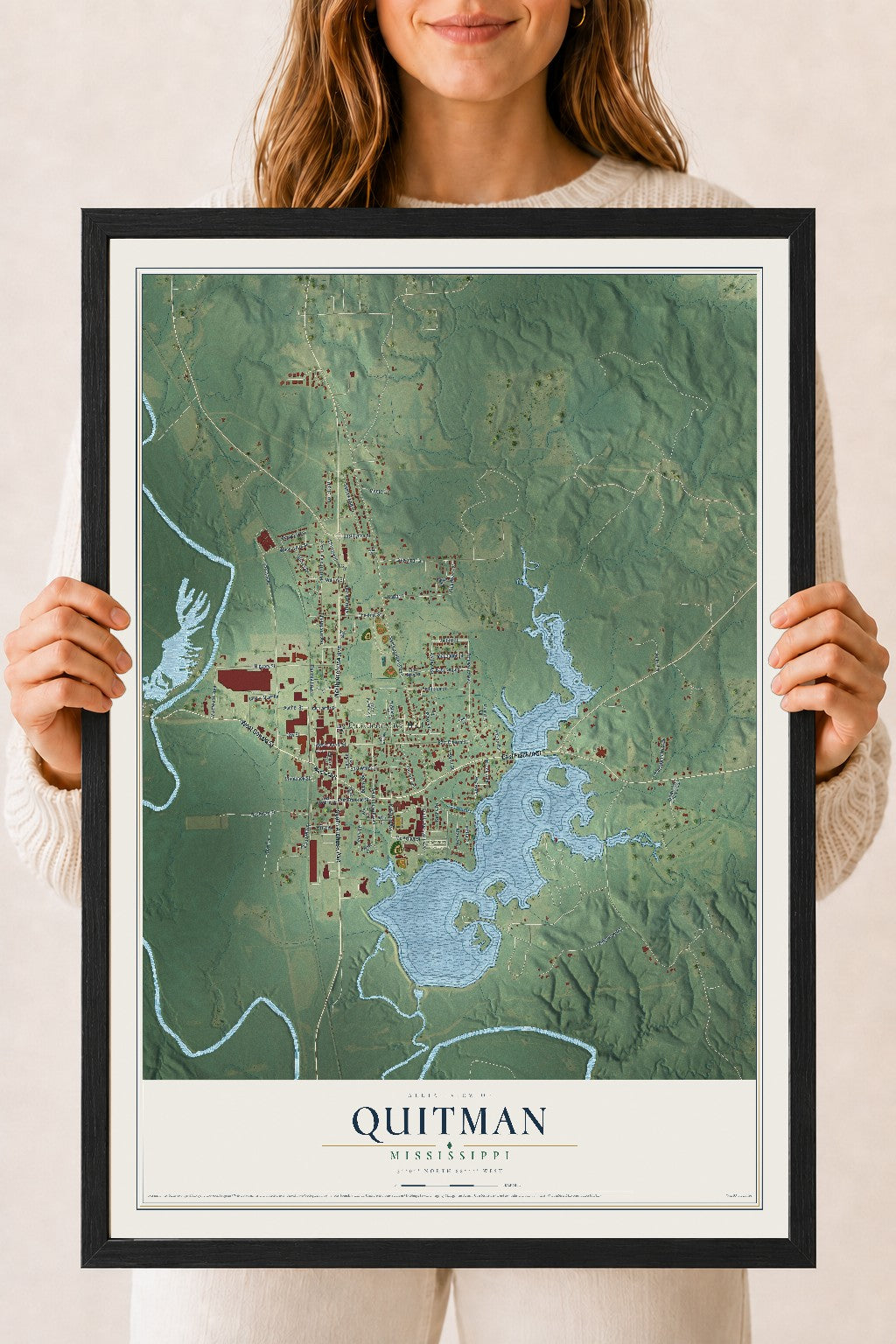 Map of Quitman, Mississippi, 18 x 24 inch print in a black wood frame