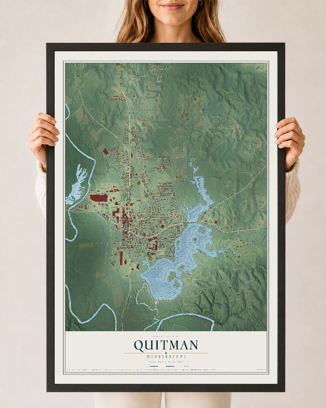 Map of Quitman, Mississippi, 24 x 36 inch print in a black wood frame