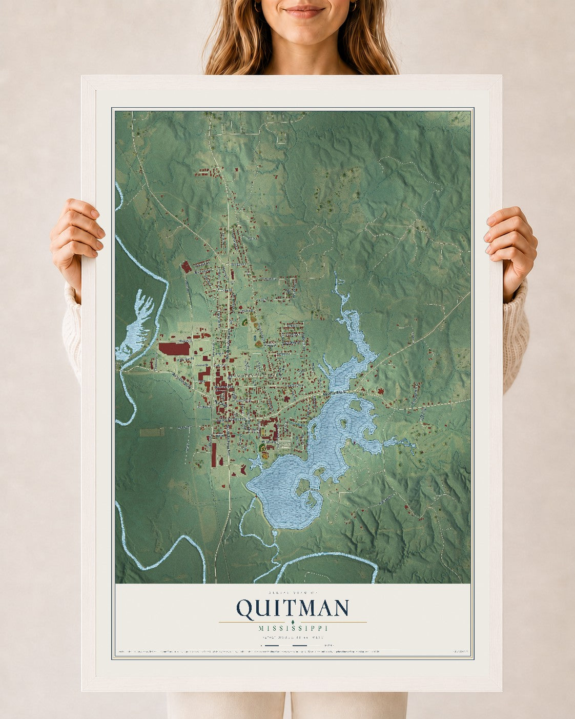 Map of Quitman, Mississippi, 24 x 36 inch print in a white wood frame