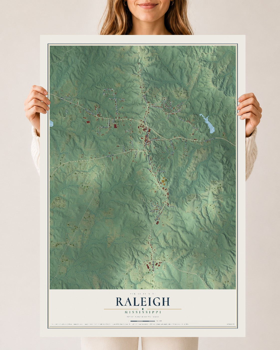 Map of Raleigh, Mississippi, 24 x 36 inch unframed archival matte print