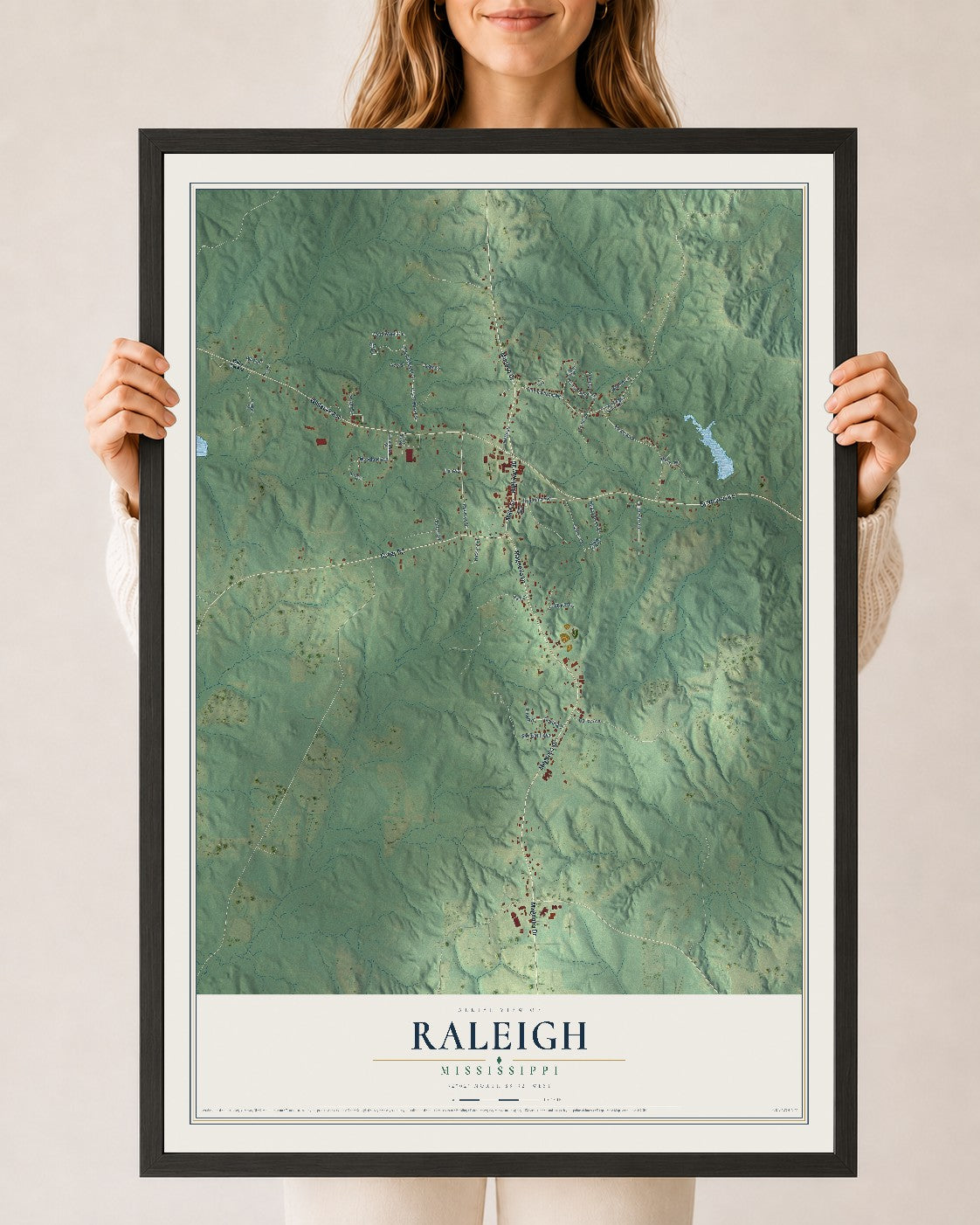 Map of Raleigh, Mississippi, 24 x 36 inch print in a black wood frame