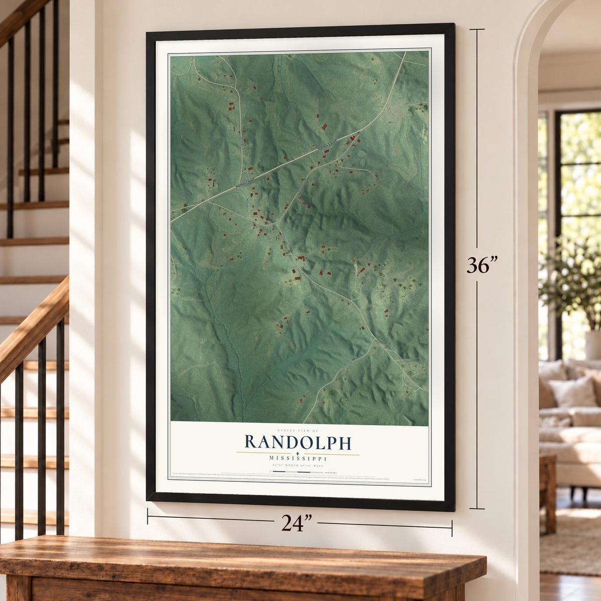 Randolph, Mississippi map, 24 x 36 inch print in a black frame by a staircase
