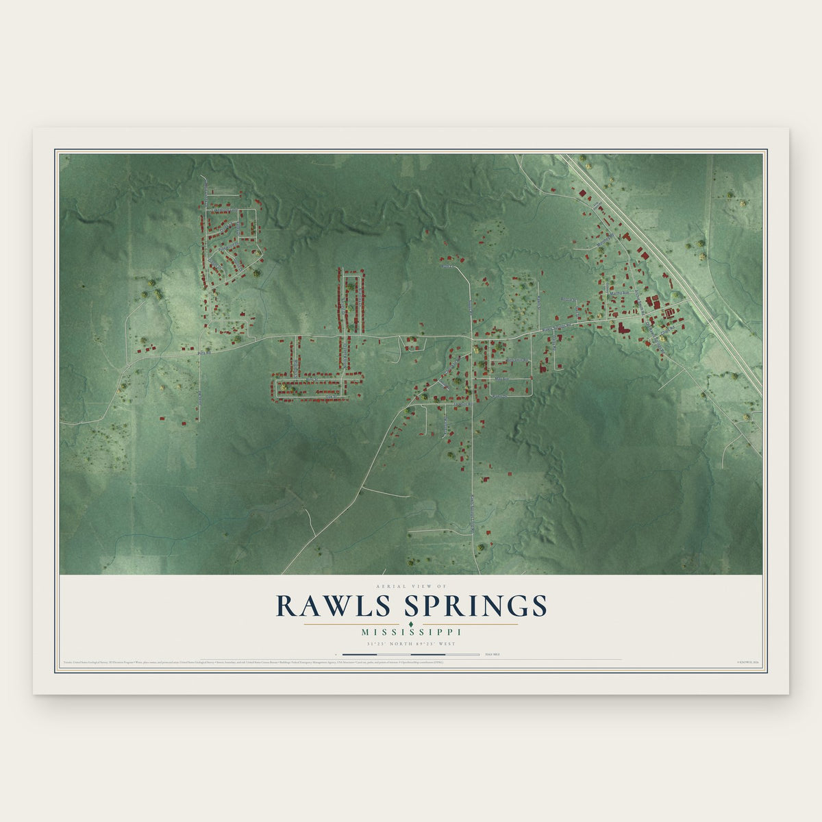 Rawls Springs, Mississippi map print, the full design