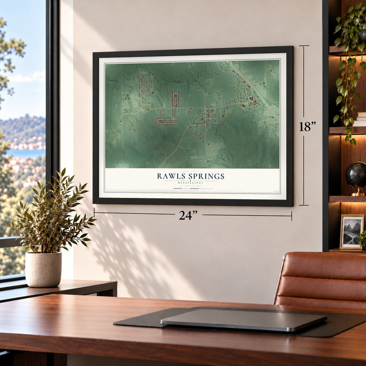 Rawls Springs, Mississippi map, 18 x 24 inch print in a black frame in a home office