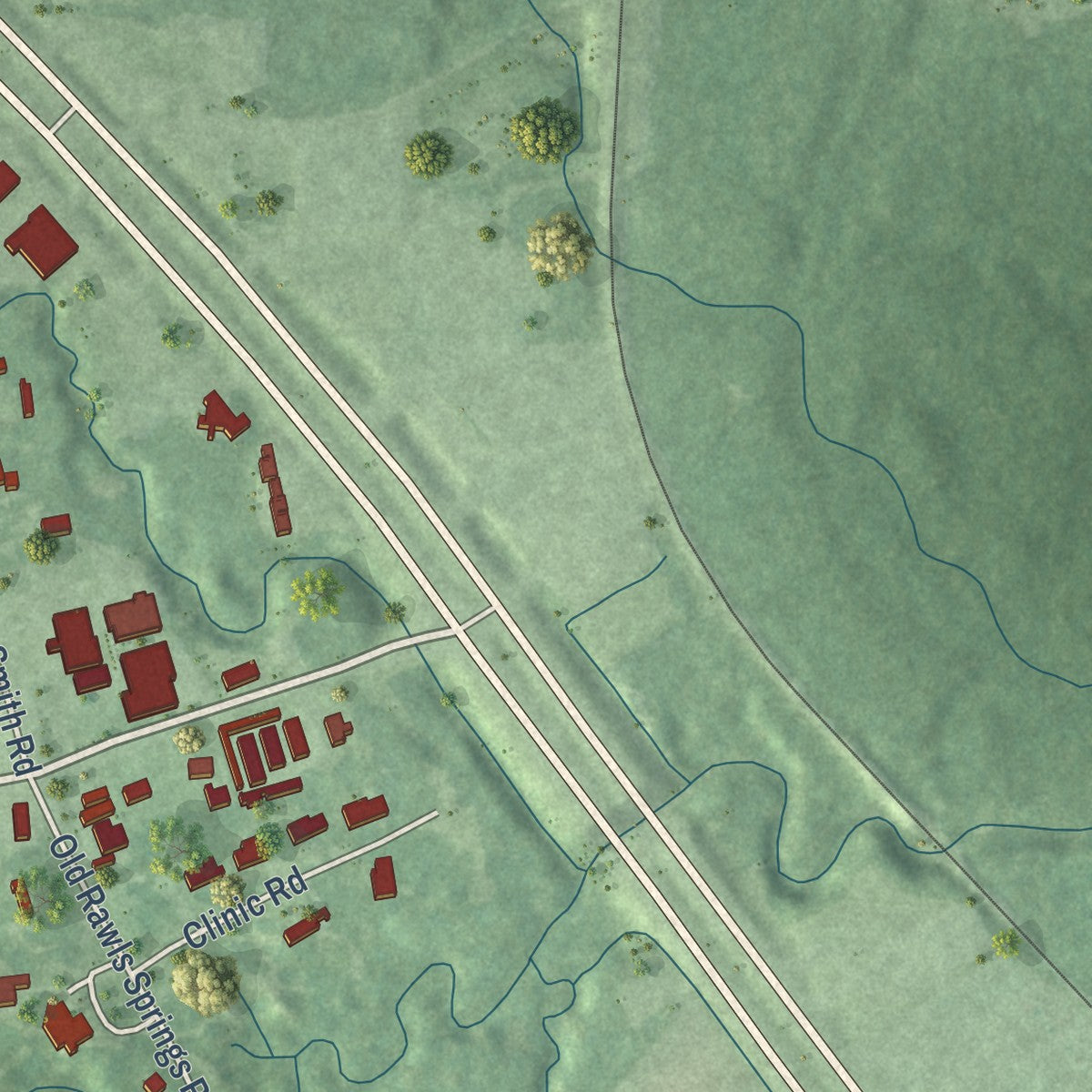Close-up of the map of Rawls Springs, Mississippi print showing street and building detail