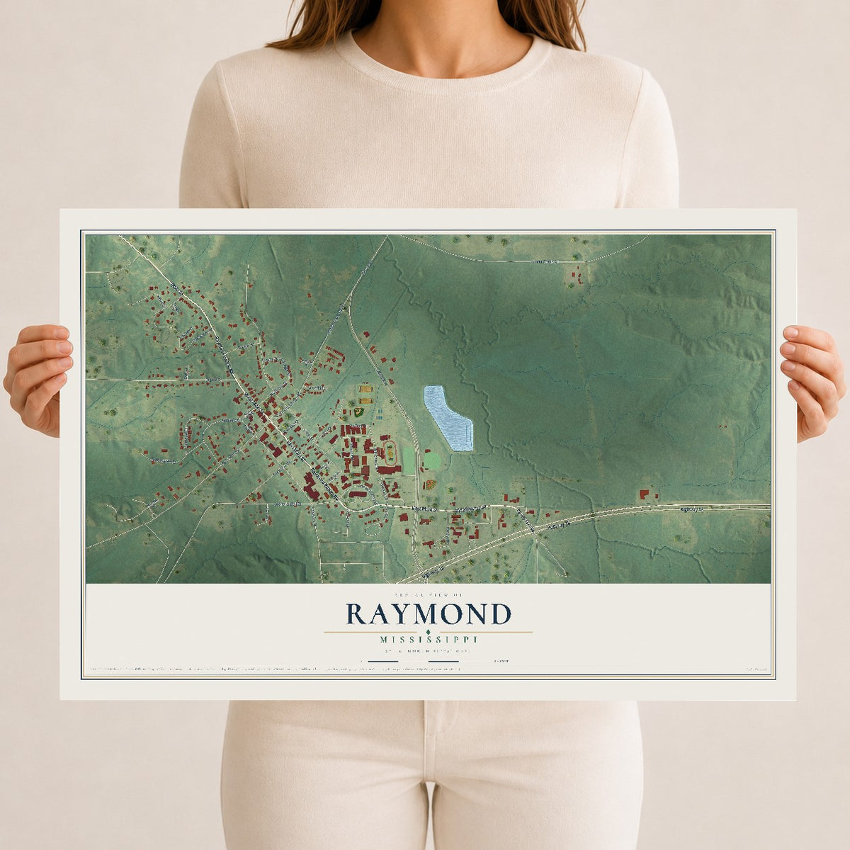 Map of Raymond, Mississippi, 12 x 18 inch unframed archival matte print