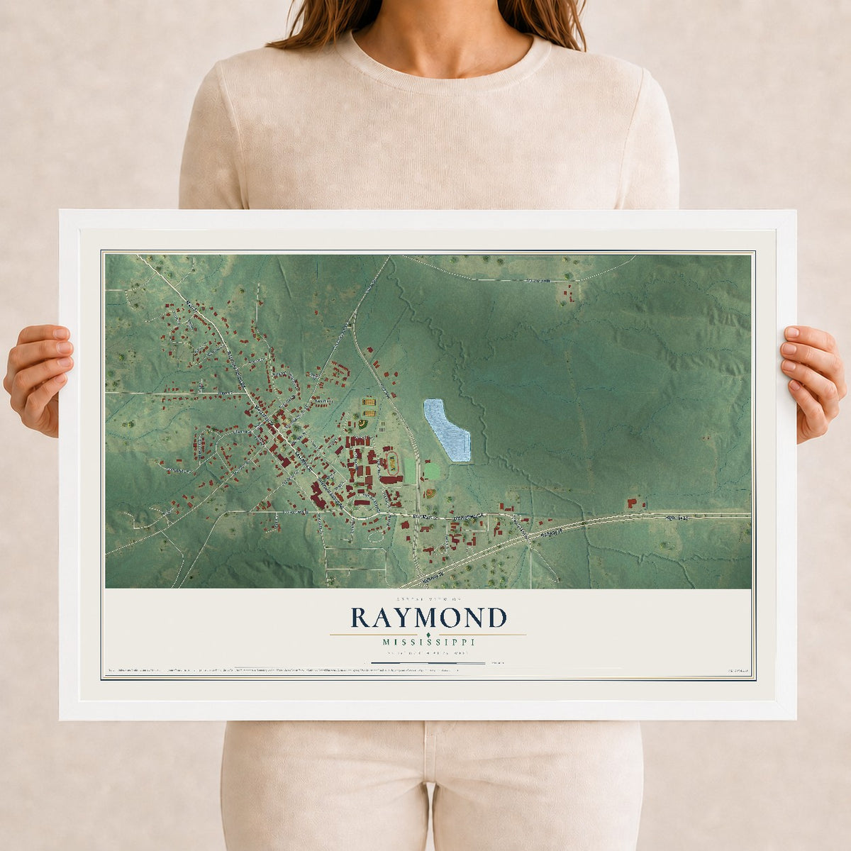Map of Raymond, Mississippi, 12 x 18 inch print in a white wood frame