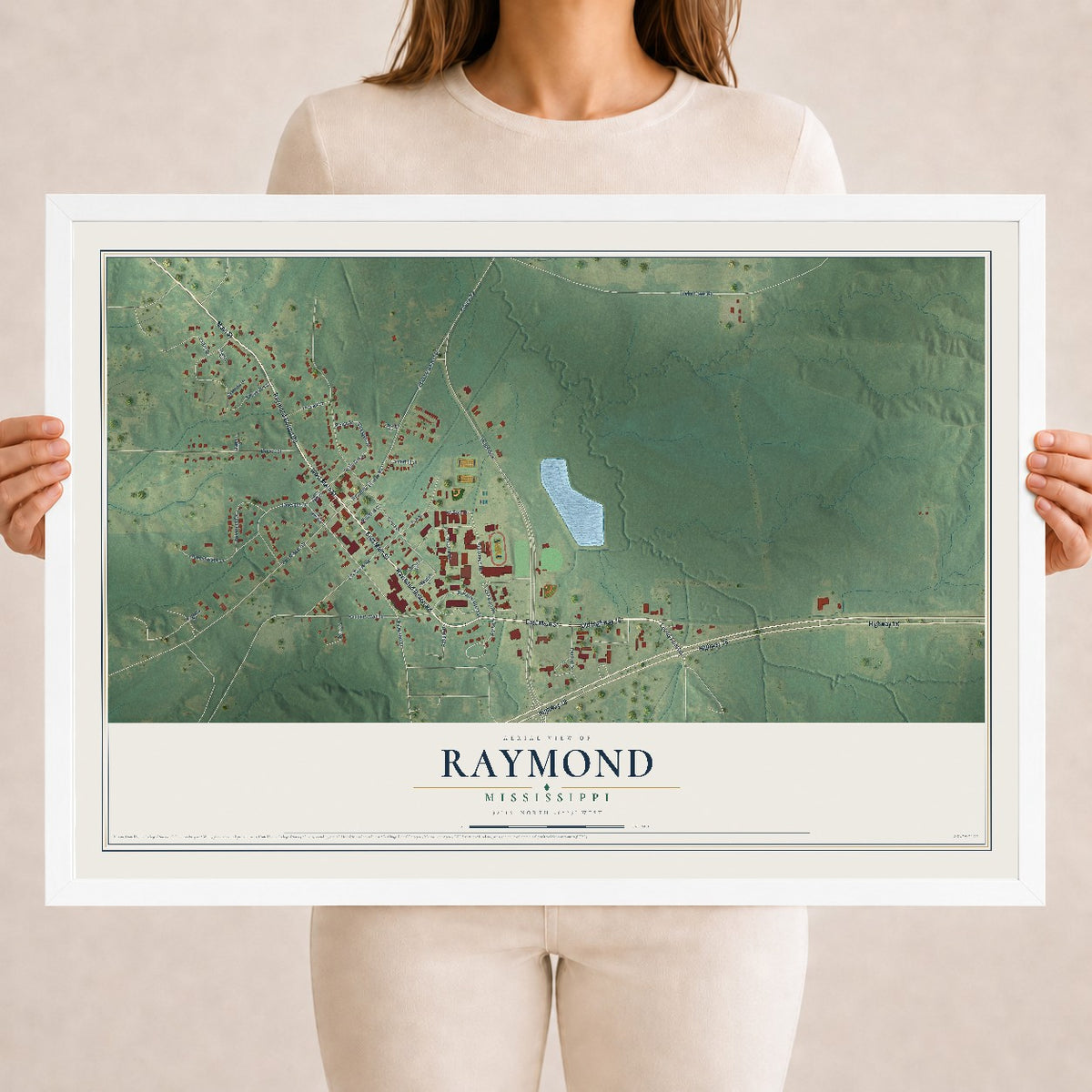 Map of Raymond, Mississippi, 18 x 24 inch print in a white wood frame