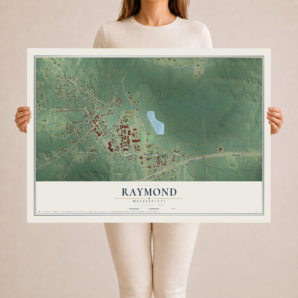 Map of Raymond, Mississippi, 24 x 36 inch unframed archival matte print