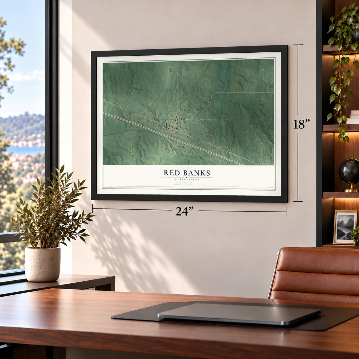 Red Banks, Mississippi map, 18 x 24 inch print in a black frame in a home office