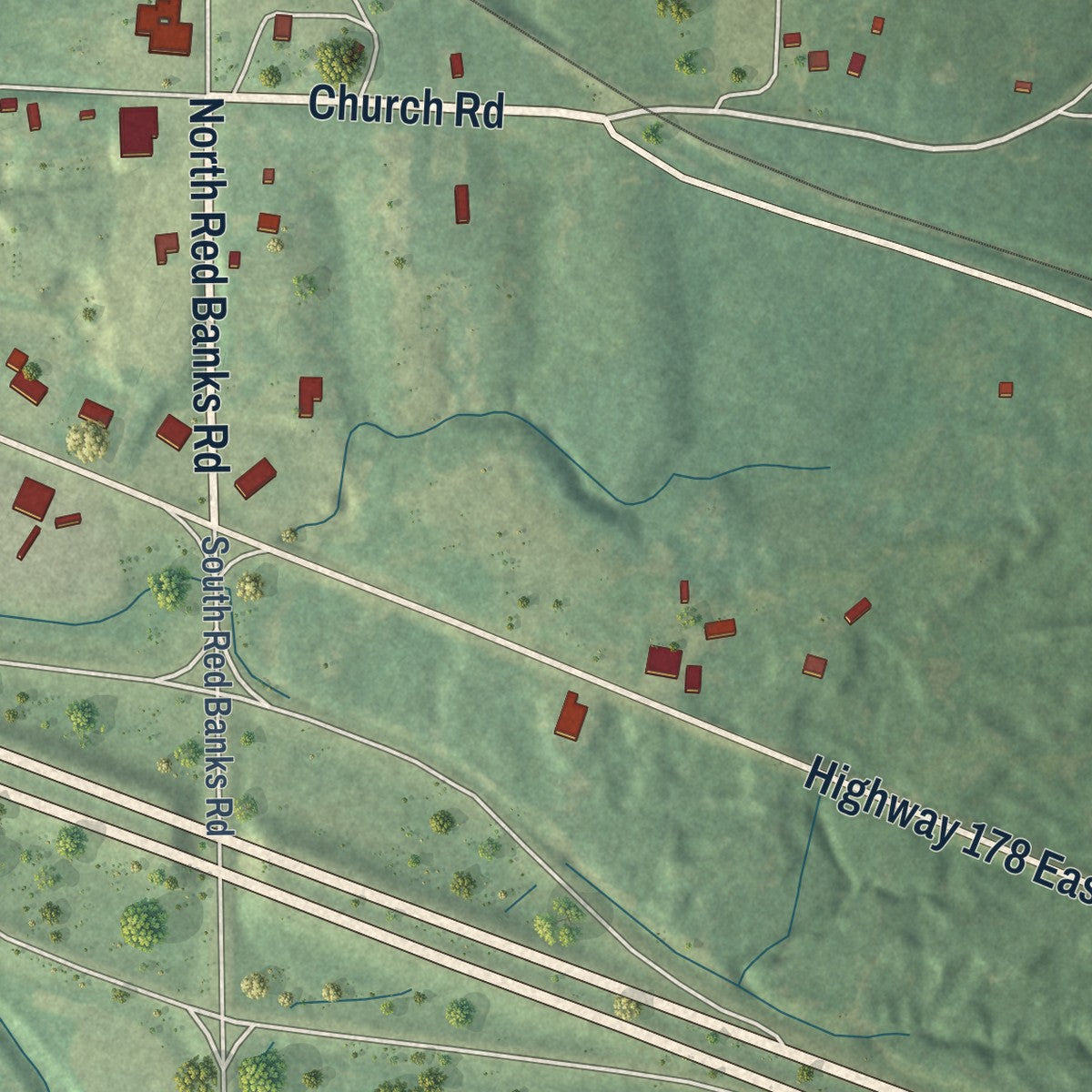 Close-up of the map of Red Banks, Mississippi print showing street and building detail
