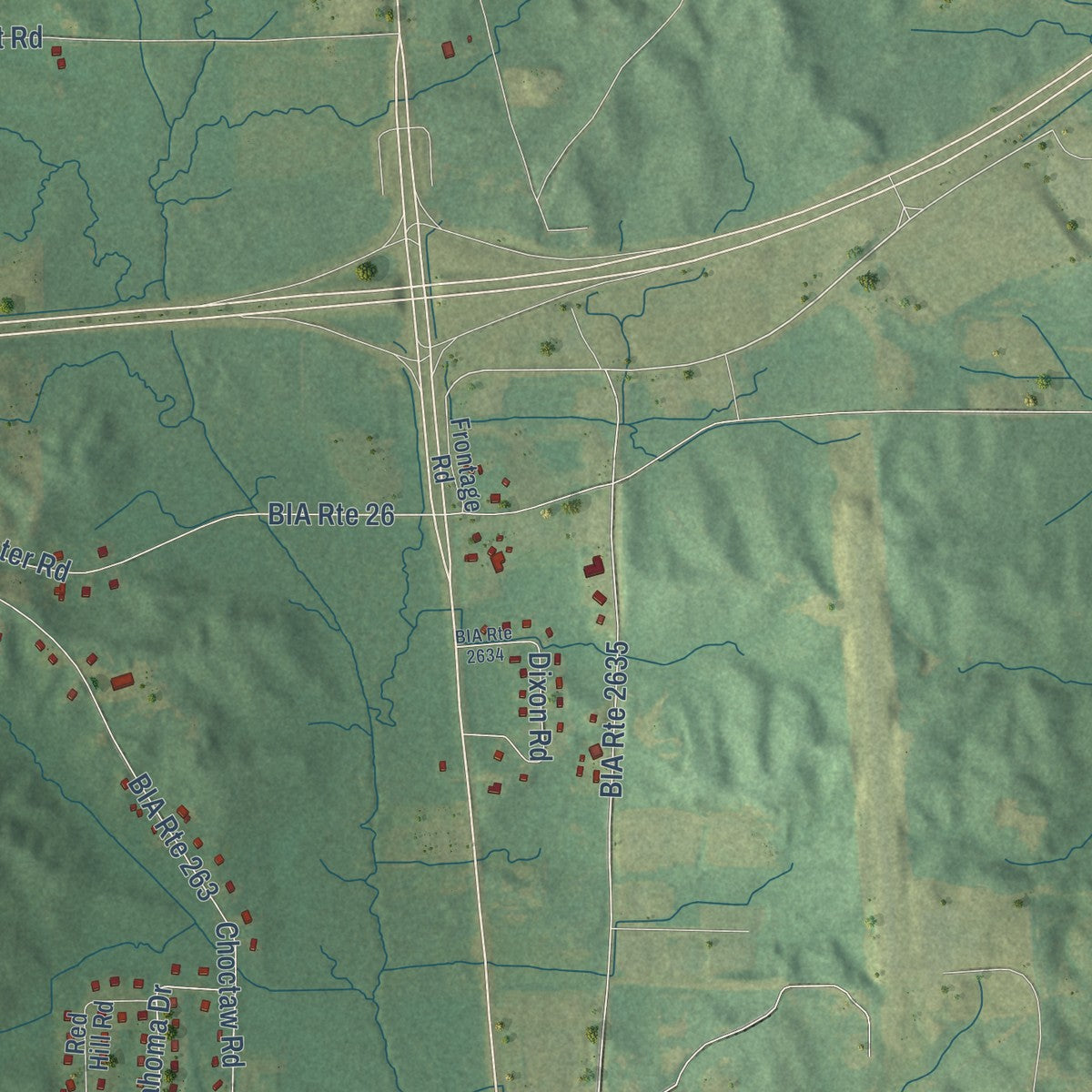 Close-up of the map of Redwater, Mississippi print showing street and building detail