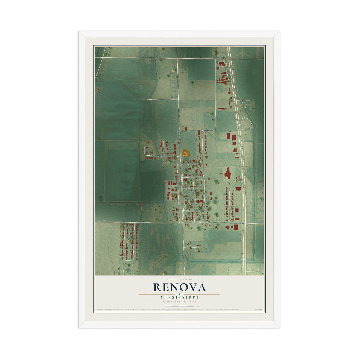 Map of Renova, Mississippi, 12 x 18 inch print in a white wood frame