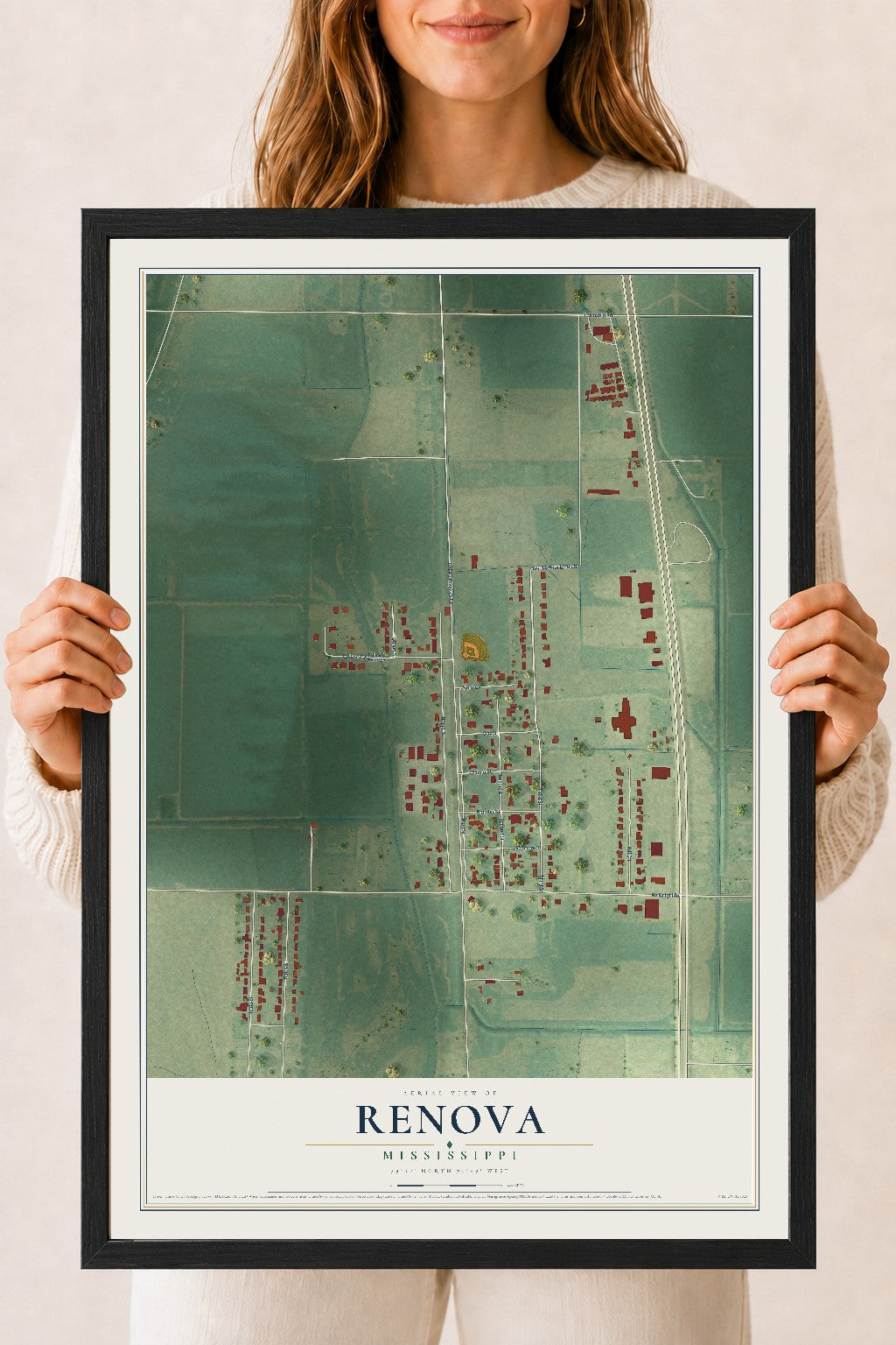 Map of Renova, Mississippi, 18 x 24 inch print in a black wood frame