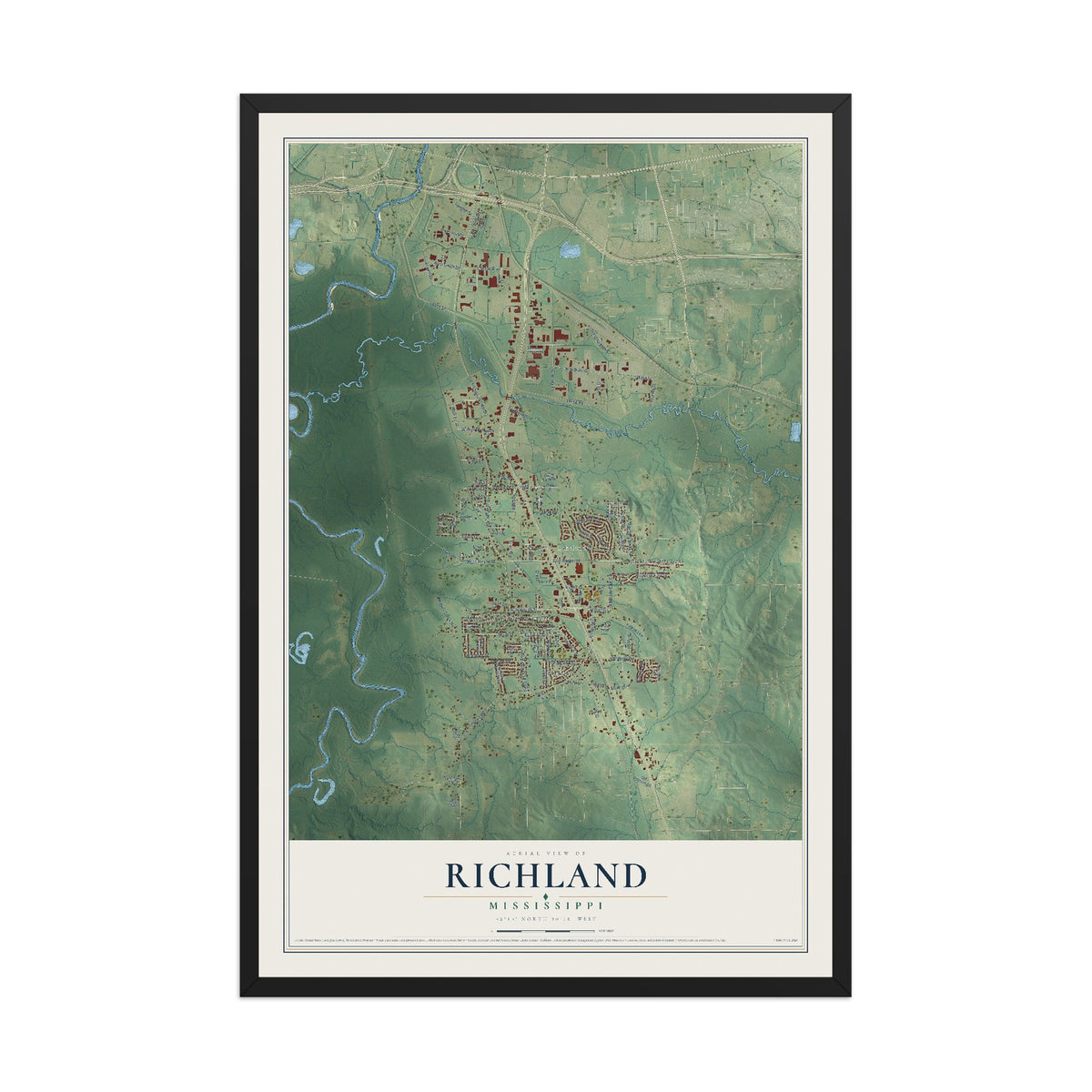 Map of Richland, Mississippi, 12 x 18 inch print in a black wood frame