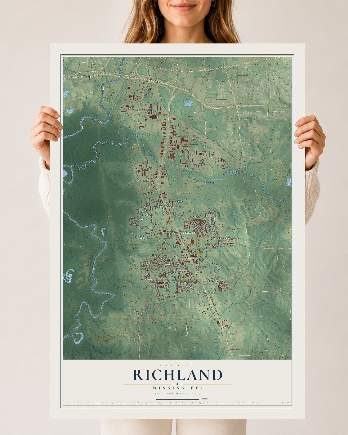 Map of Richland, Mississippi, 24 x 36 inch unframed archival matte print