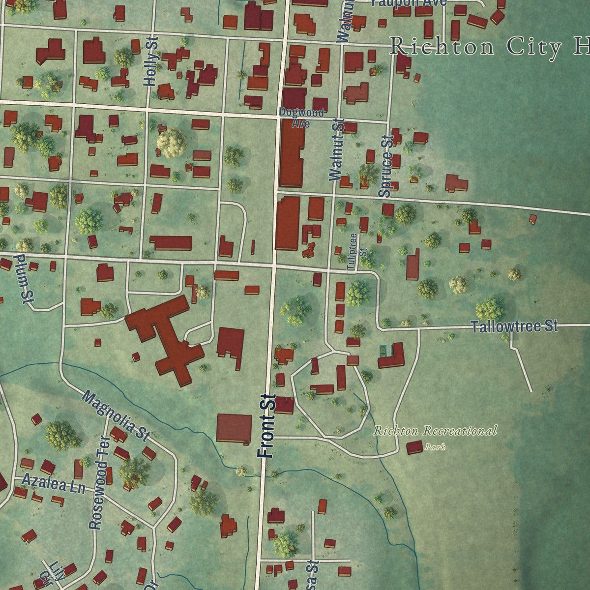 Close-up of the map of Richton, Mississippi print showing street and building detail