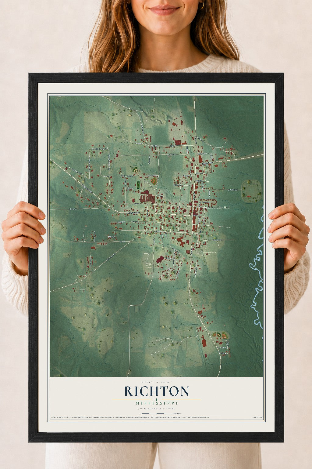Map of Richton, Mississippi, 18 x 24 inch print in a black wood frame