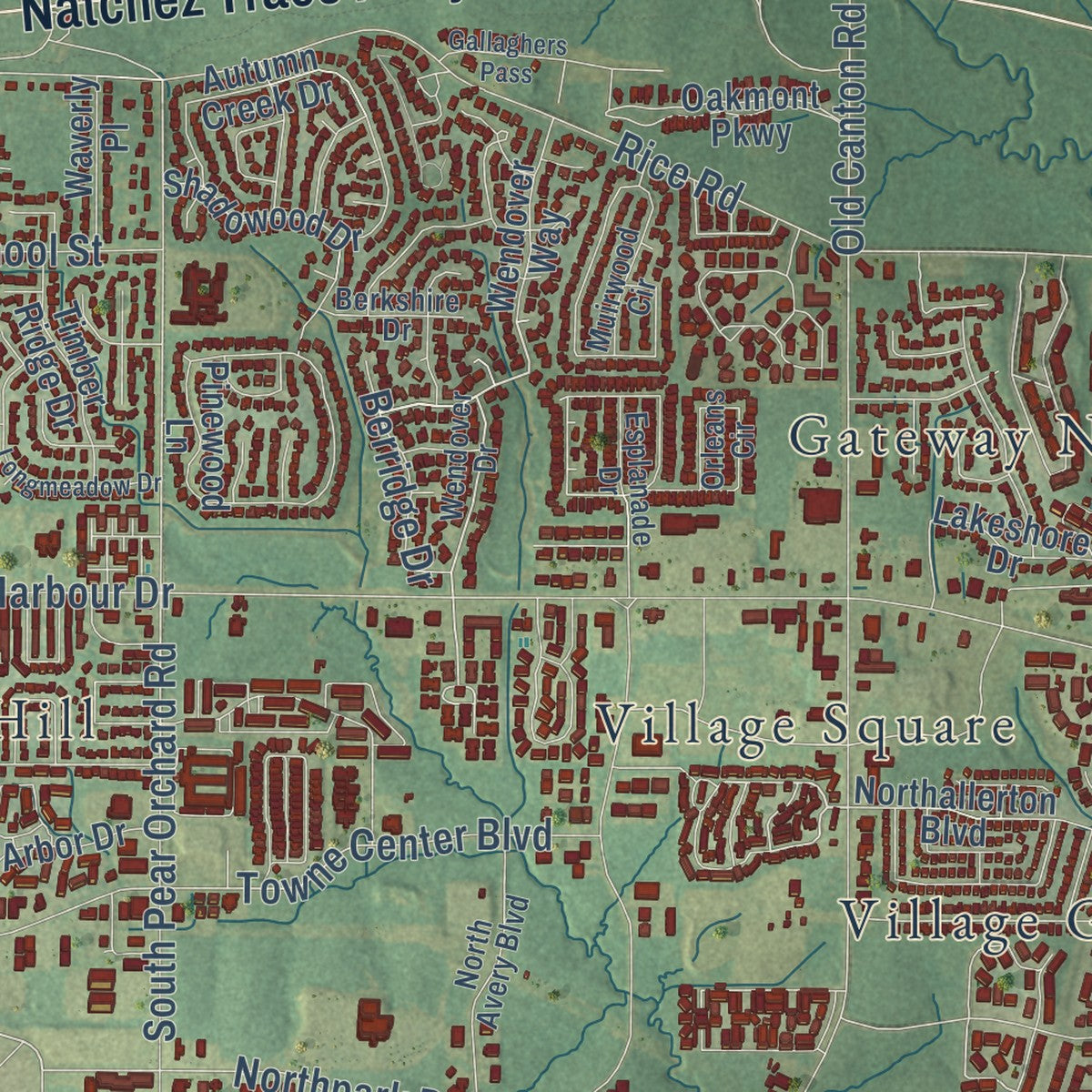 Close-up of the map of Ridgeland, Mississippi print showing street and building detail