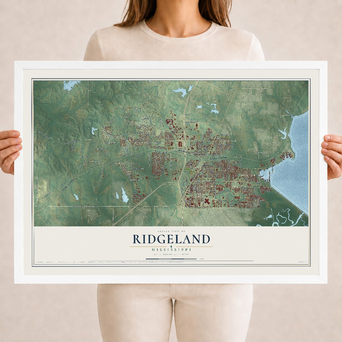 Map of Ridgeland, Mississippi, 18 x 24 inch print in a white wood frame