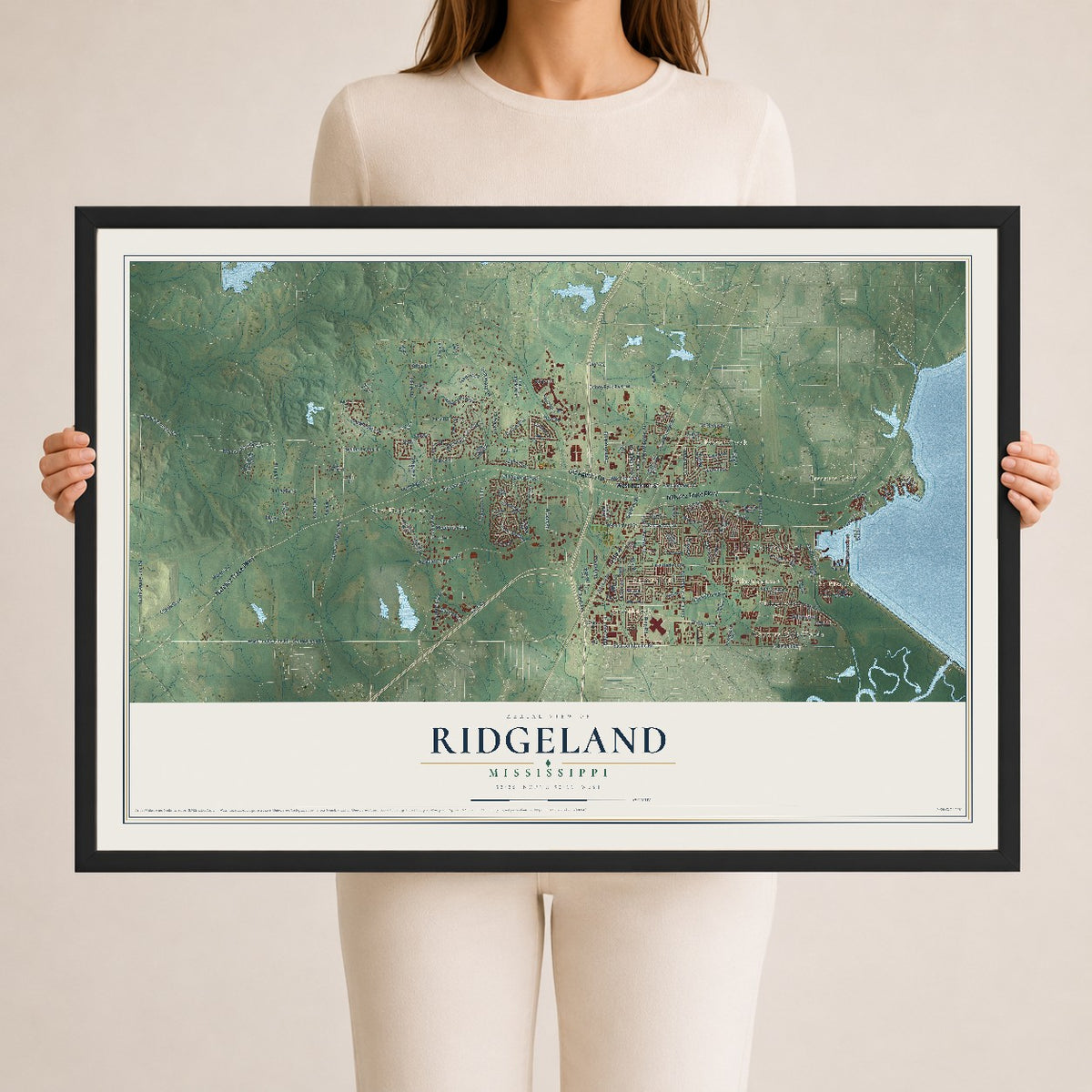 Map of Ridgeland, Mississippi, 24 x 36 inch print in a black wood frame