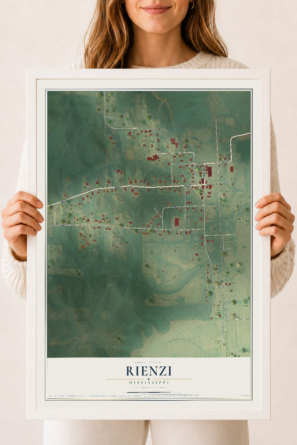 Map of Rienzi, Mississippi, 18 x 24 inch print in a white wood frame