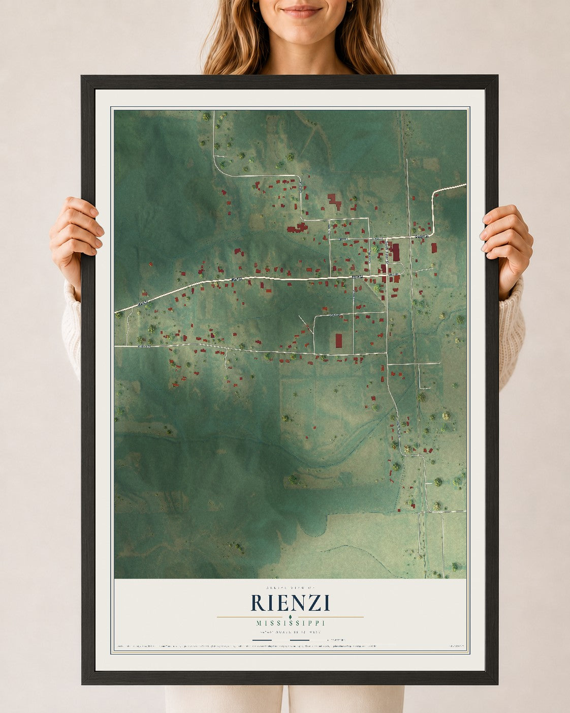 Map of Rienzi, Mississippi, 24 x 36 inch print in a black wood frame