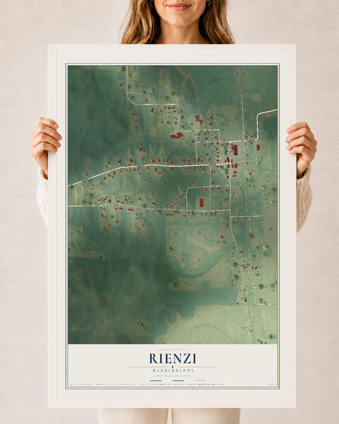 Map of Rienzi, Mississippi, 24 x 36 inch print in a white wood frame