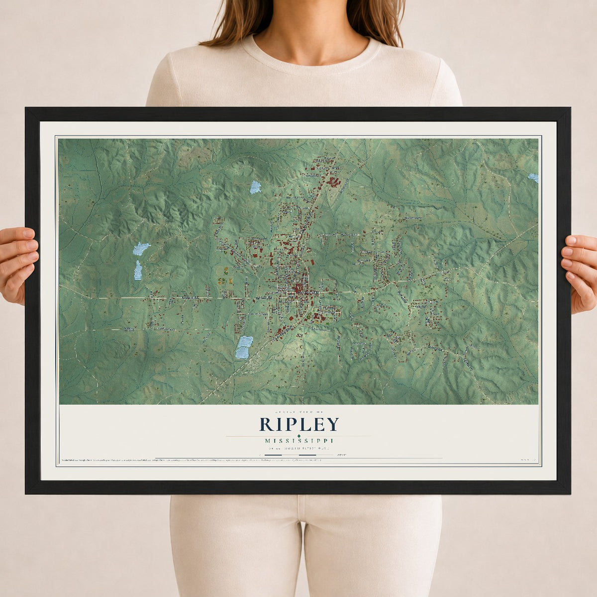 Map of Ripley, Mississippi, 18 x 24 inch print in a black wood frame