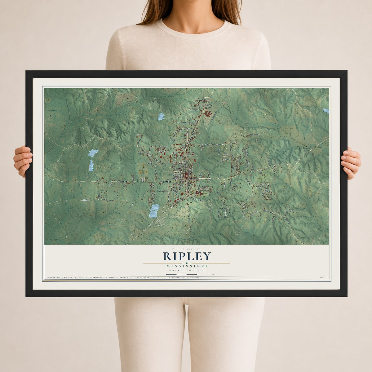 Map of Ripley, Mississippi, 24 x 36 inch print in a black wood frame