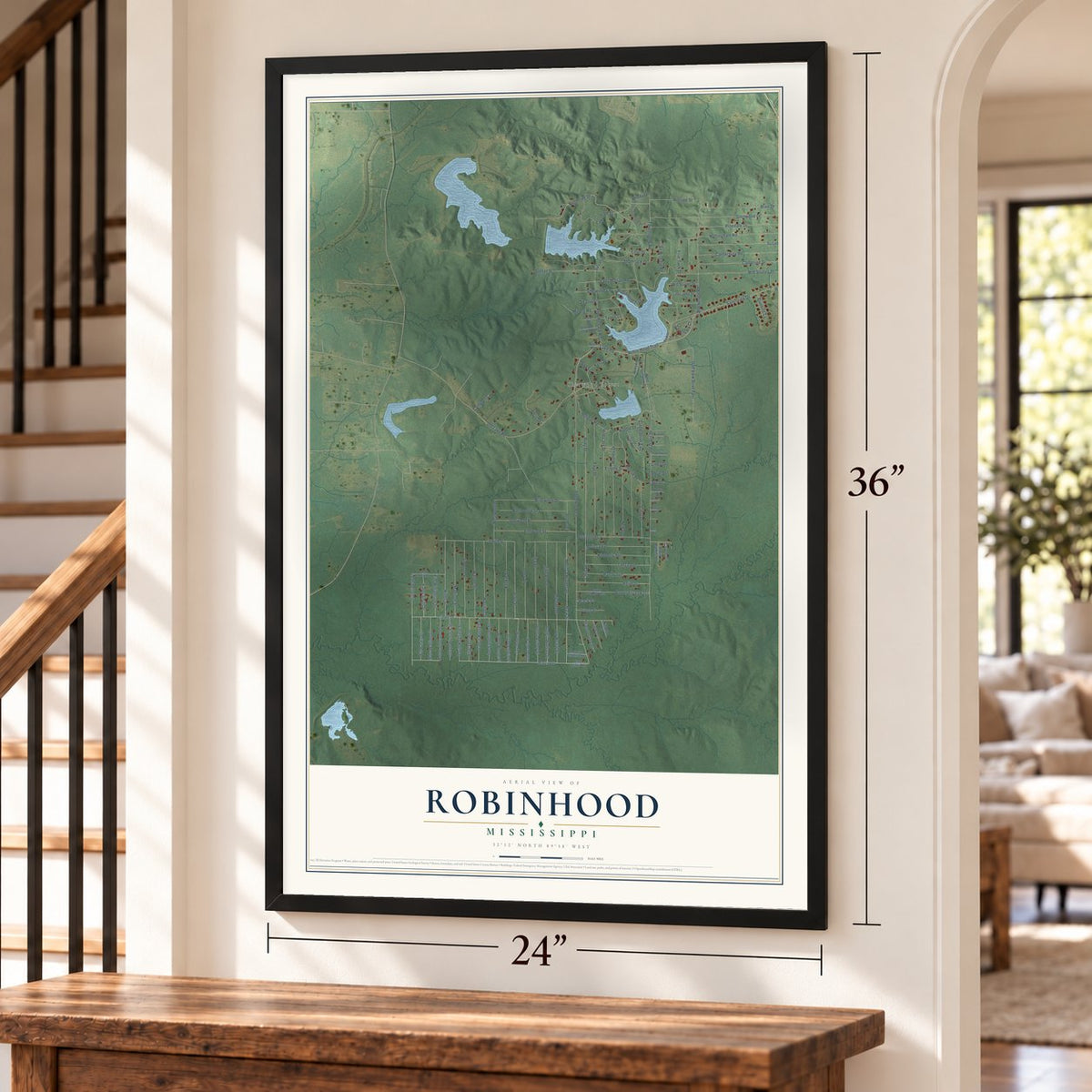 Robinhood, Mississippi map, 24 x 36 inch print in a black frame by a staircase