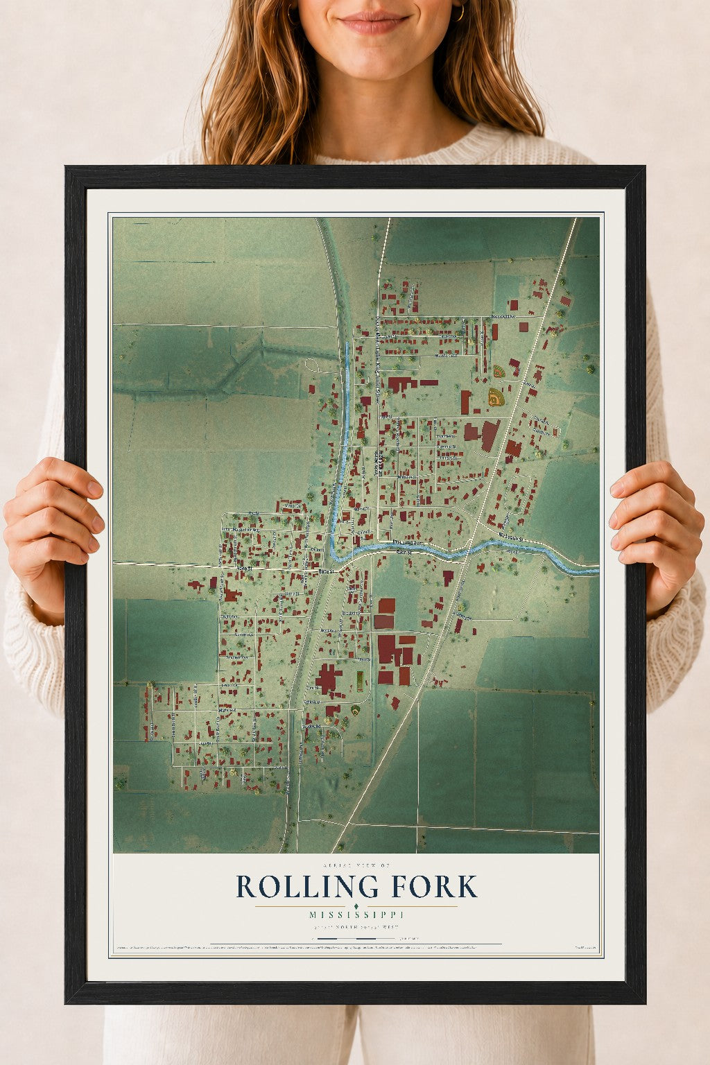 Map of Rolling Fork, Mississippi, 18 x 24 inch print in a black wood frame