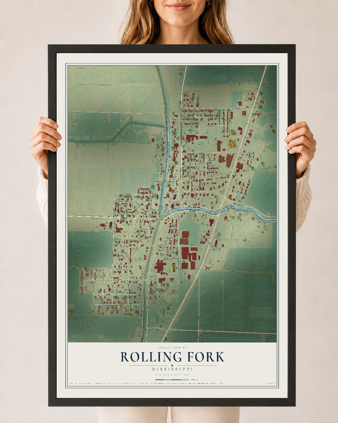 Map of Rolling Fork, Mississippi, 24 x 36 inch print in a black wood frame
