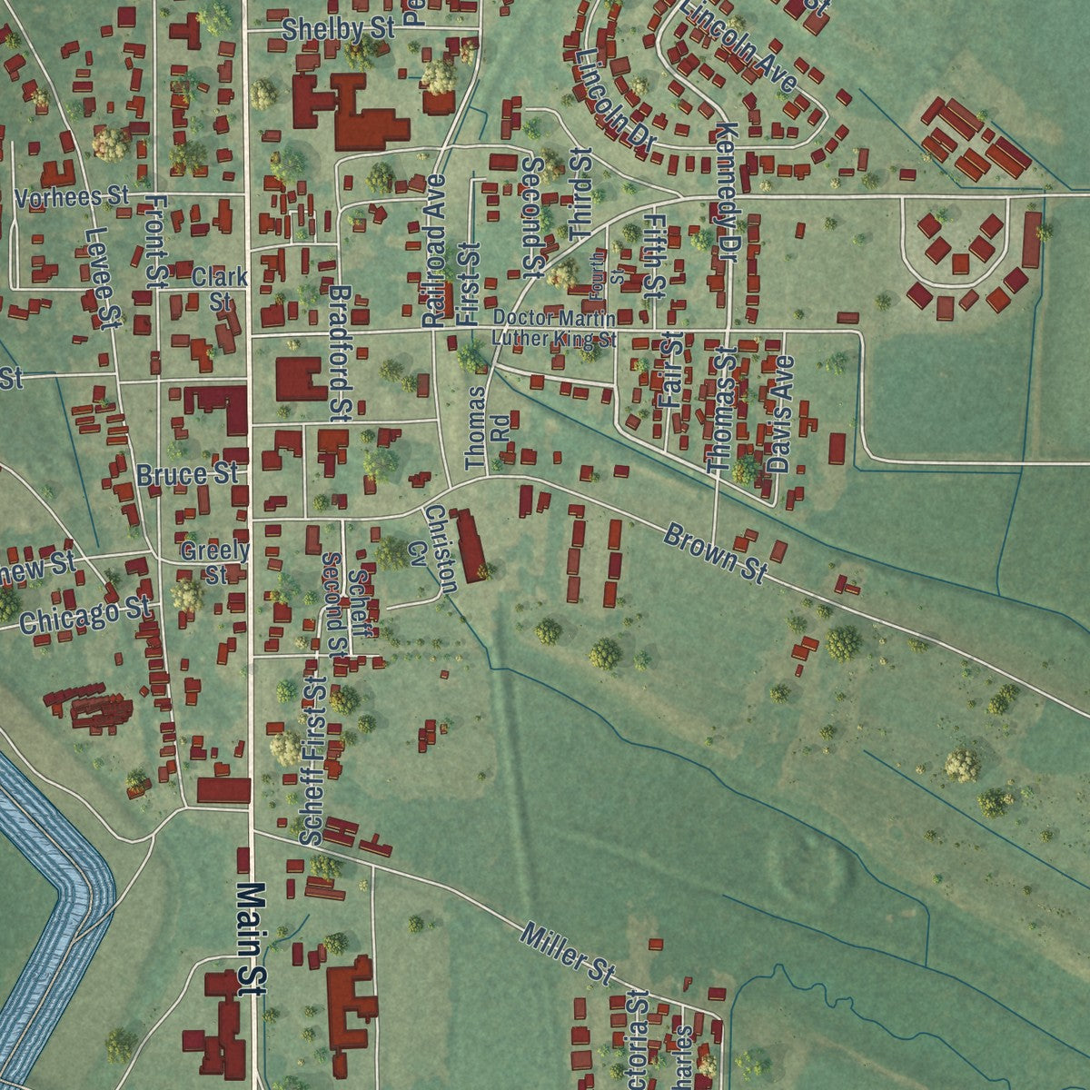 Close-up of the map of Rosedale, Mississippi print showing street and building detail