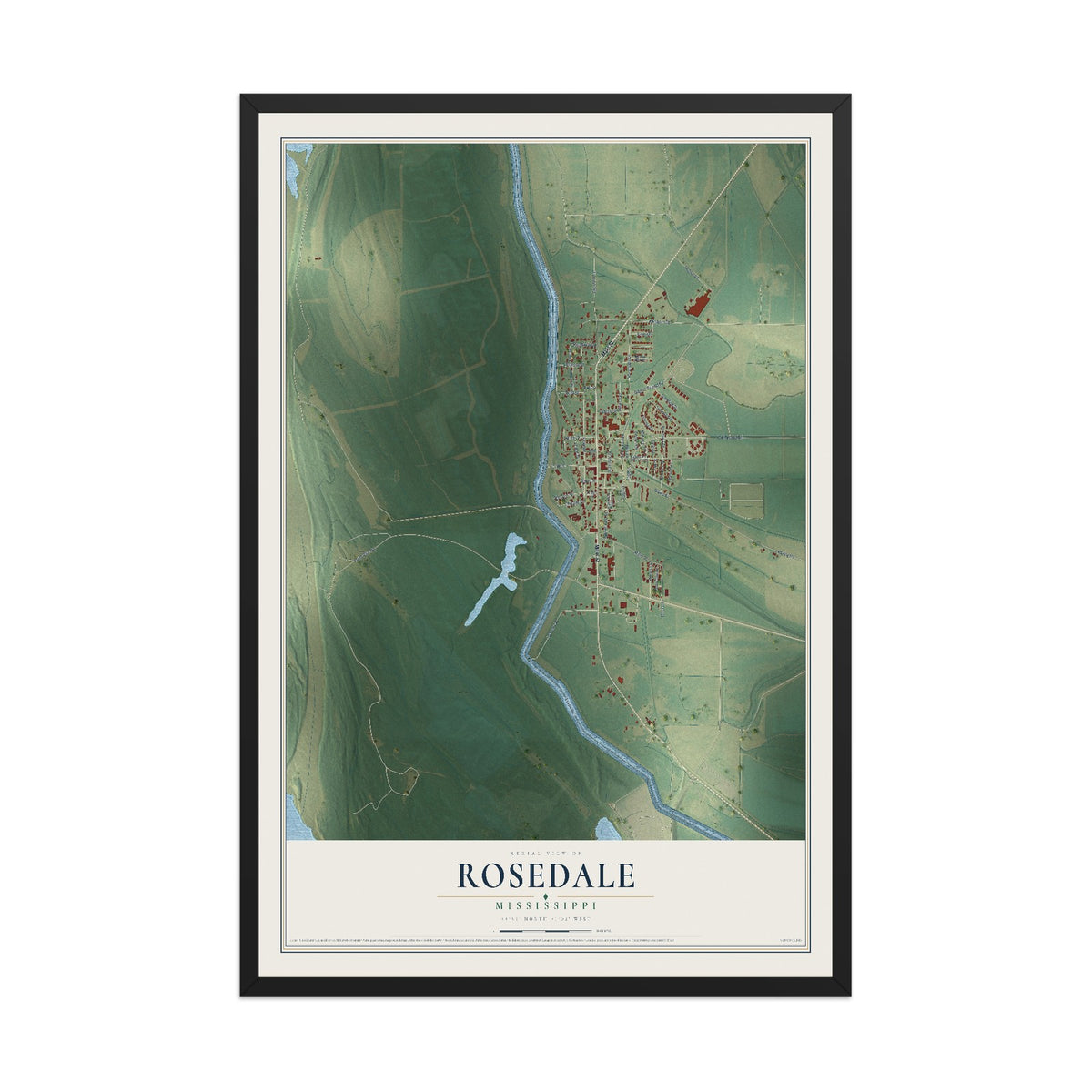 Map of Rosedale, Mississippi, 12 x 18 inch print in a black wood frame