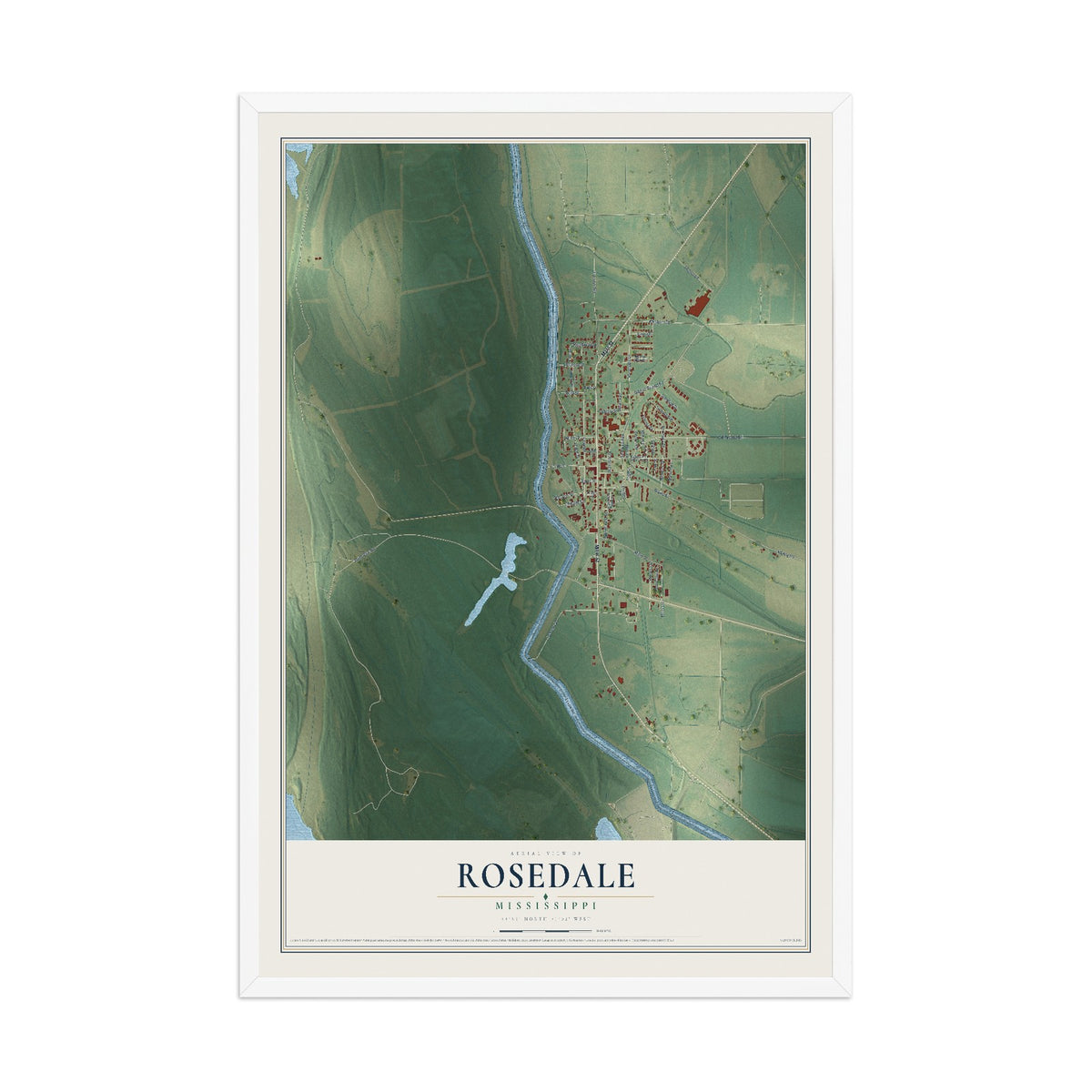 Map of Rosedale, Mississippi, 12 x 18 inch print in a white wood frame