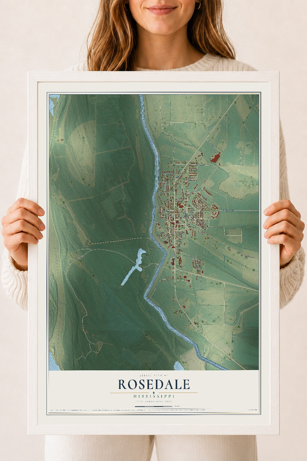 Map of Rosedale, Mississippi, 18 x 24 inch print in a white wood frame