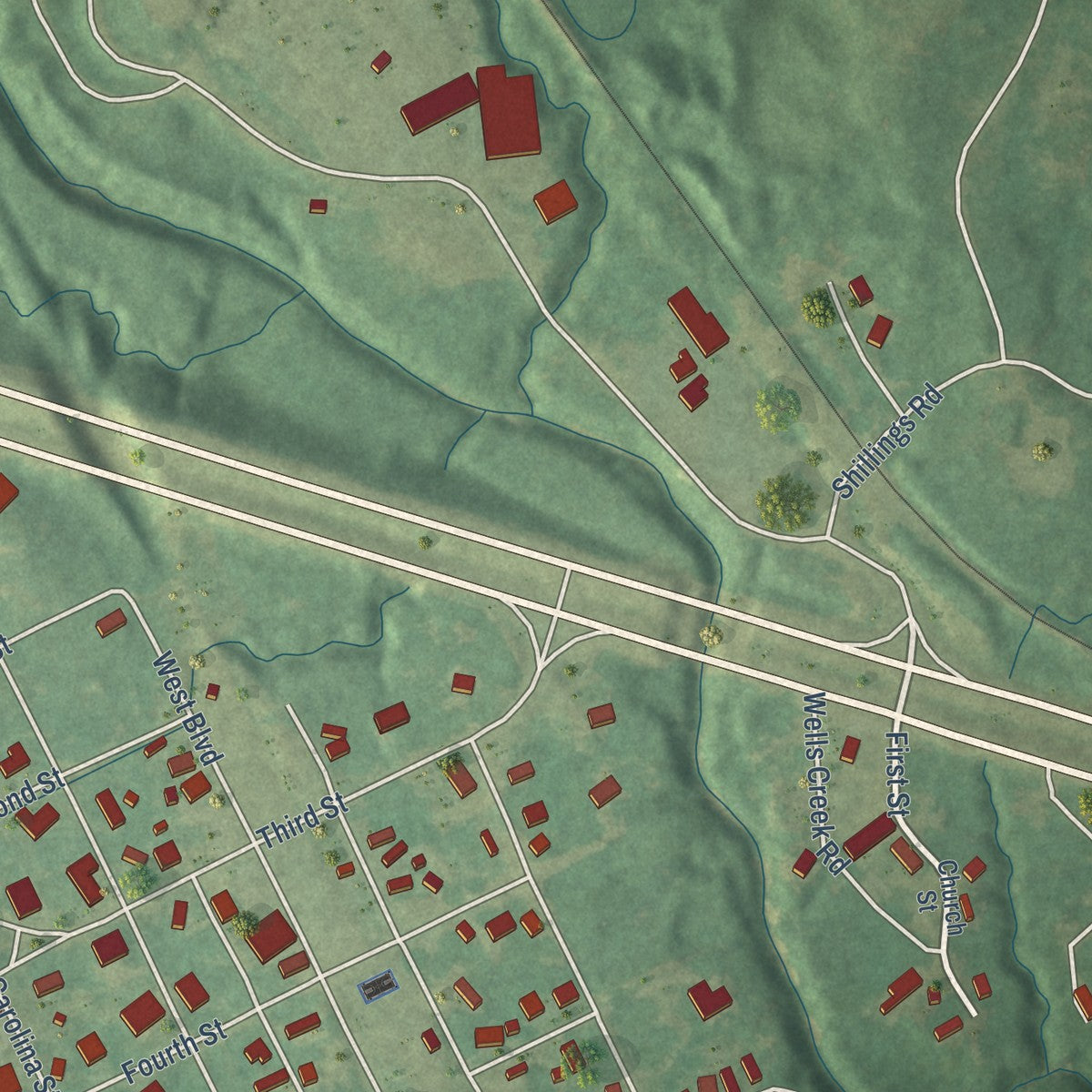 Close-up of the map of Roxie, Mississippi print showing street and building detail