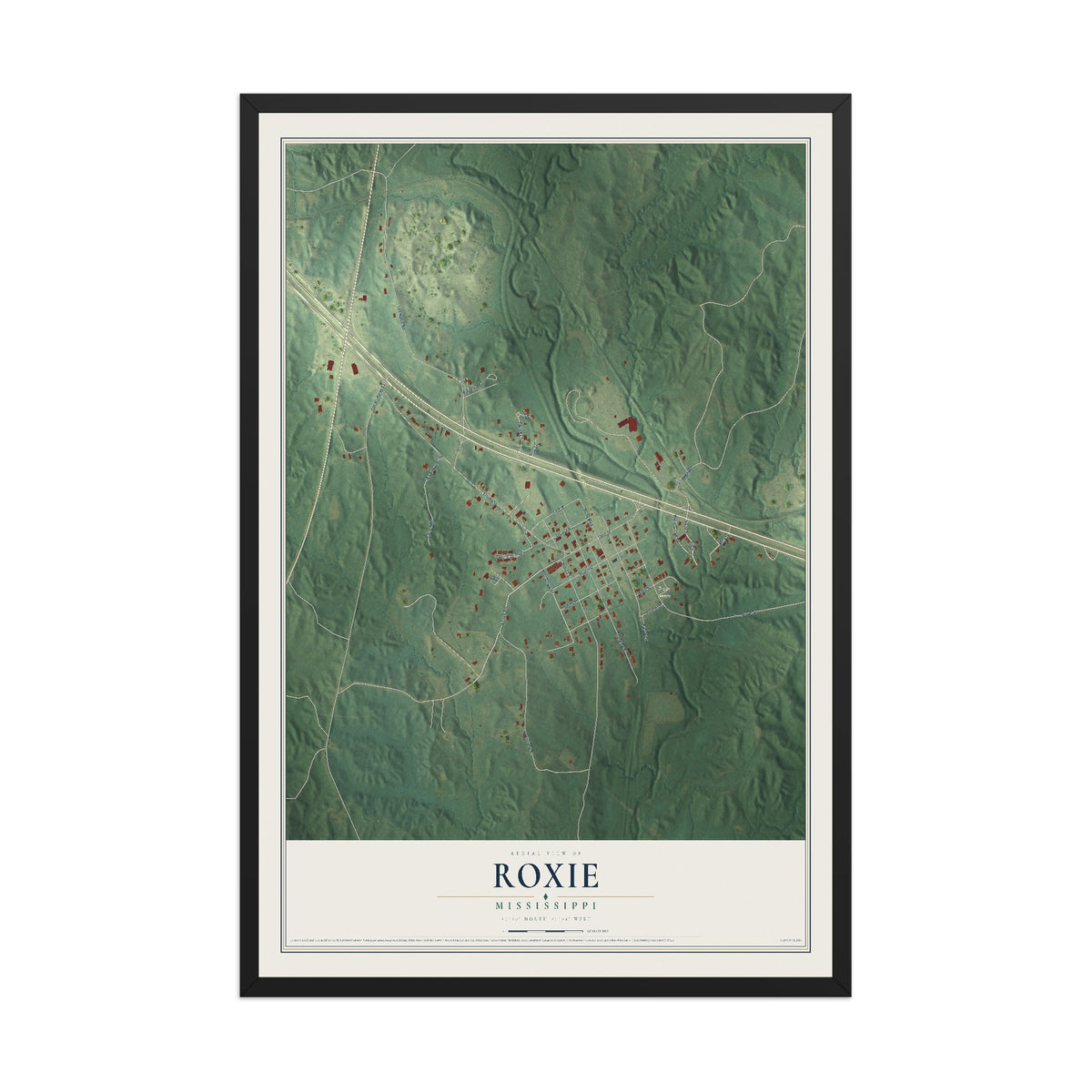 Map of Roxie, Mississippi, 12 x 18 inch print in a black wood frame