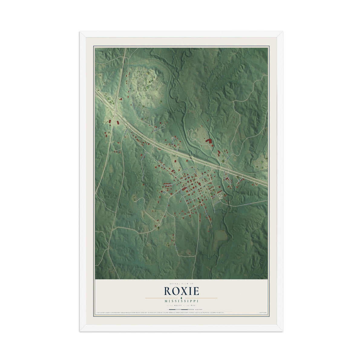 Map of Roxie, Mississippi, 12 x 18 inch print in a white wood frame