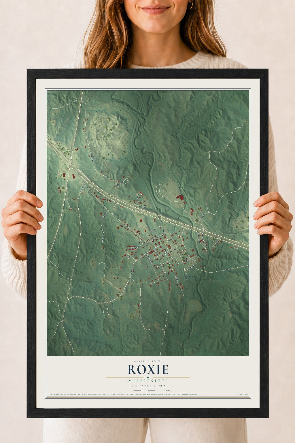 Map of Roxie, Mississippi, 18 x 24 inch print in a black wood frame