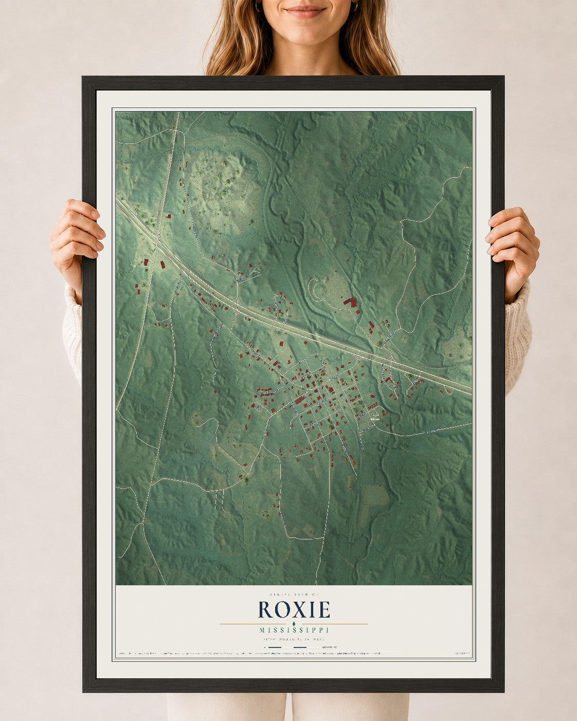Map of Roxie, Mississippi, 24 x 36 inch print in a black wood frame