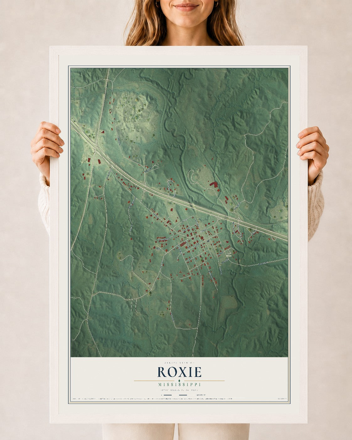 Map of Roxie, Mississippi, 24 x 36 inch print in a white wood frame